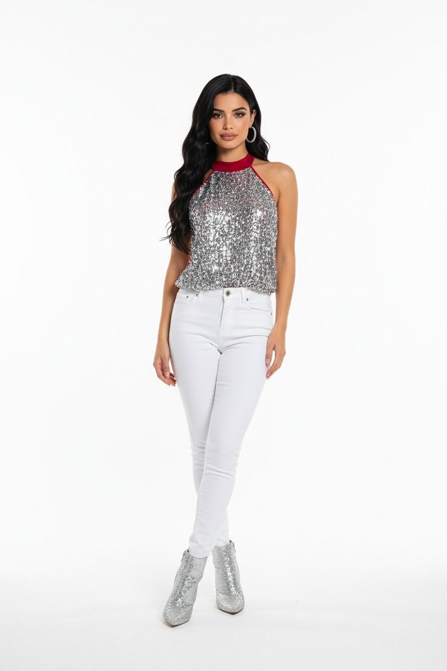 Stars Shine Sequin Halter Red Stretchy Sexy Romantic Top Size M/L Made In Italy